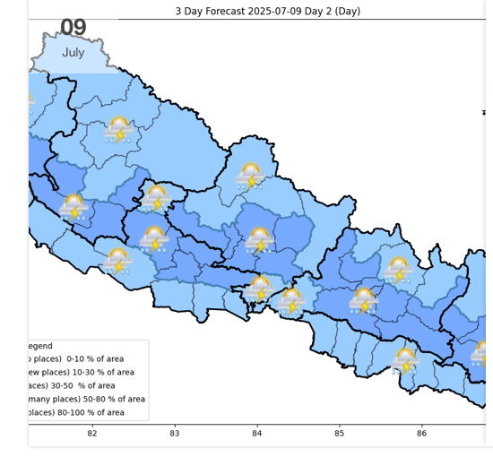 गण्डकी, कर्णाली र सुदूरपश्चिमका केही स्थानमा भारी वर्षा हुने पूर्वानुमान